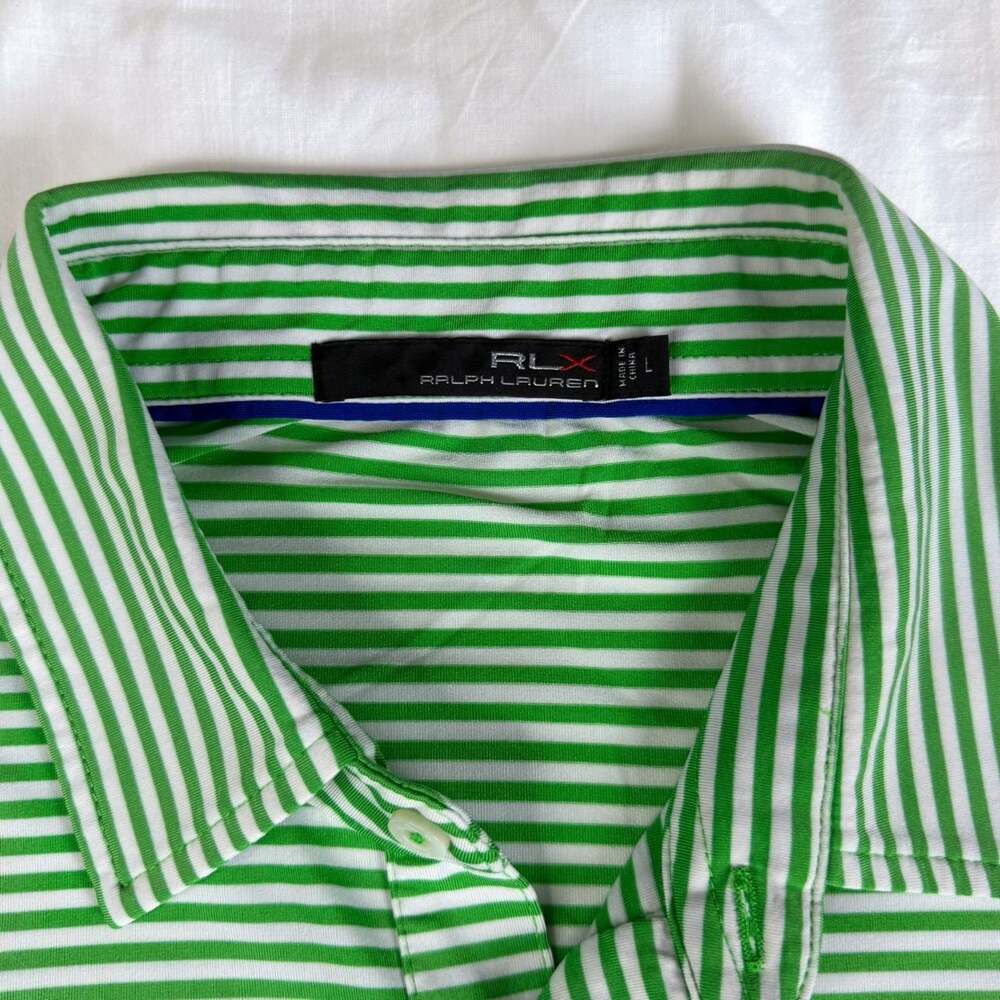 RLX Ralph Lauren Men’s L Green White Striped Performance Golf Polo Shirt
